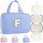 TOPEAST Gifts for Friends - Friendship Gifts for Women, Travel Toiletry Bag for Women, Hanging Toiletry Bag, Monogrammed Initial Toiletry Pouch Makeup Bag - Letter F, Blue - color: Blue, style: F