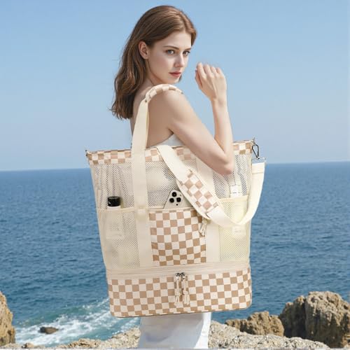 Bluboon Mesh Beach Tote Bag with Cooler Compartment Insulated Detachable Picnic Bag with Zipper and Pocket Pool Bag for Women - color: A-brown White Grid