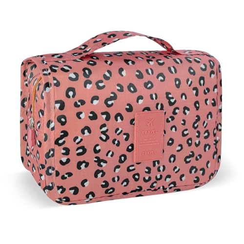 Portable Hanging Toiletry Bag for Travel,Small Multifunctional Makeup Cosmetic Bag for Women,Waterproof Travel Toiletries Organizer,Shower Bathroom Pouch with Hook for Gym,Camping - Pink Leopard - color: Pink Leopard