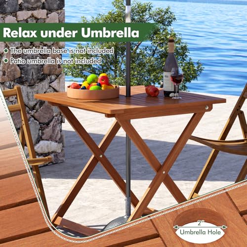 Tangkula 29.5-Inch Square Patio Dining Table, Solid Wood Folding Outdoor Bistro Table with Teak Painting & 2" Umbrella Hole, Outdoor Dining Table for Balcony, Deck, Porch, Backyard - size: 29.5"