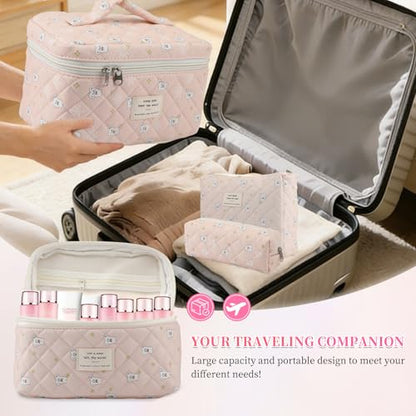 3PCS Coquette Makeup Bag,Quilted Cosmetic Bag Large Make Up Bag Set,Quilted Portable Toiletry Organizer Bag,Cotton Travel Skincare Bag for Women Girls(07-White bunny) - style: 07-white Bunny
