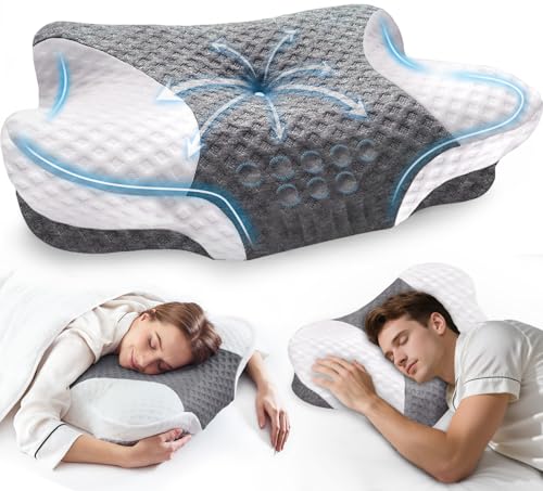 Cervical Neck Pillows with Memory Foam - Neck Pillows for Pain Relief Contour Memory Foam Pillows Ergonomic Neck Support - Adjustable Orthopedic Bed Pillows with Breathable Pillowcase for Sleeping - color: Grey White, size: Standard