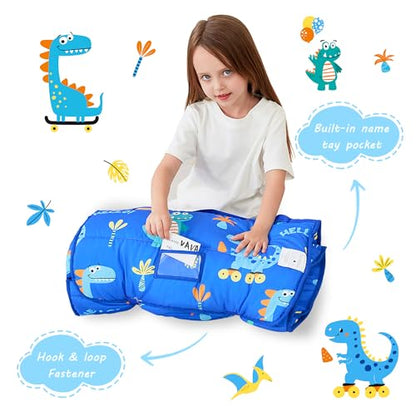 Lasoftan Toddler Nap Mat with Pillow and Blanket, Extra Large Rolled Napping Mats,Slumber Bags for Boys Girls,Kids Sleeping Bag for Daycare, Preschool Travel Camping - color: Blue Dinosaurs