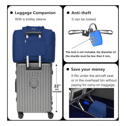 Foldable Travel Duffle Bag with Trolley Sleeve 40L Capacity, Lightweight Packable Travel Duffel Bags with the Keyhole Zipper, Weekender Overnight Nylon Carry on Bag for Men & Women, Blue - color: Blue