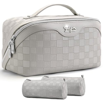 BOYATU Travel Makeup Bag Organizer: 3 Pcs Set Large Capacity Cosmetic Bags Holds 10–20 100ml Full-Size Bottles - 180°Open-Flat Make up Case 3-sec touch-up - Toiletry Bag Gift women (03-A-Gray) - color: 01-F-Gray