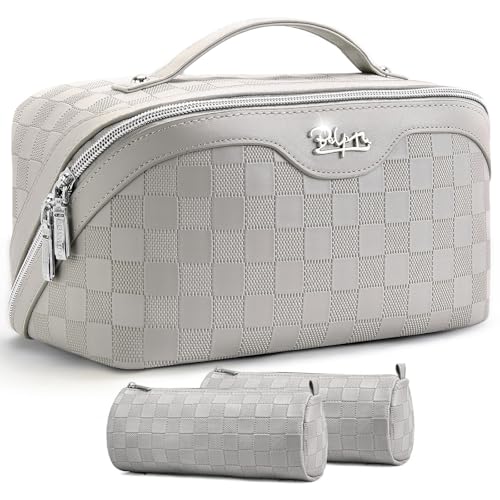BOYATU Travel Makeup Bag Organizer: 3 Pcs Set Large Capacity Cosmetic Bags Holds 10–20 100ml Full-Size Bottles - 180°Open-Flat Make up Case 3-sec touch-up - Toiletry Bag Gift women (03-A-Gray) - color: 01-F-Gray