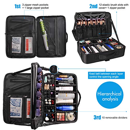 Relavel Makeup Case Large Makeup Bag Professional Train Case 16.5 inches Travel Cosmetic Organizer Brush Holder Waterproof Makeup Artist Storage Box, 3 Layer Large Capacity, with Adjustable Strap - color: Black, size: Large