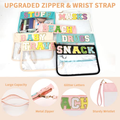 Iqimott Chenille Letter Clear Bag Beach Pouch, Monogram PVC & PU Makeup Cosmetic Bag Zipper Toiletry Pouch, Waterproof Portable Travel Snack Wristlet Bags for Women Girls(Beach, Pink) - color: Beach-Pink