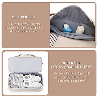 Weekender Bags for Women,Personal Item Travel Bag with Shoes Compartment,Overnight Travel Duffel Bag with Toiletry Bag - color: Beige & Brown, size: Large