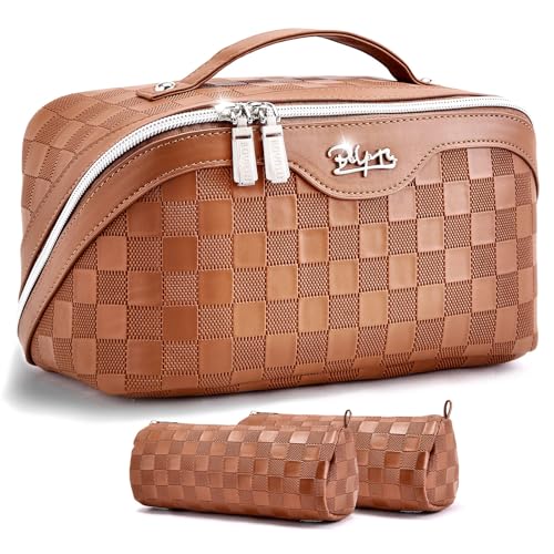 BOYATU Travel Makeup Bag Organizer: 3 Pcs Set Large Capacity Cosmetic Bags Holds 10–20 100ml Full-Size Bottles - 180°Open-Flat Make up Case 3-sec touch-up - Toiletry Bag Gift women (03-A-Brown) - color: 01-F-Brown
