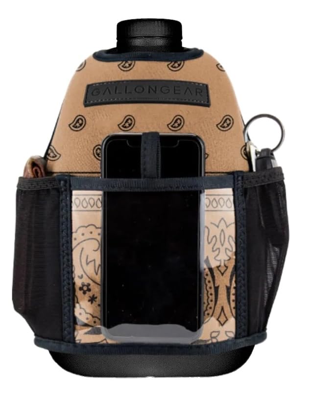 Half-Gallon Fitness Hydration Cover | Neoprene Insulated Cooling & Portable Gym Water Bottle Carrier | CASE with Storage Pockets - color: BANDANA TAN