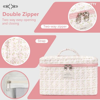 honitty Makeup Bag,Quilted Cosmetic Bags,Large Floral Make Up Organize bag,Makeup Bag Set for Women,Flower Travel Toiletry Bag - color: Pink flower
