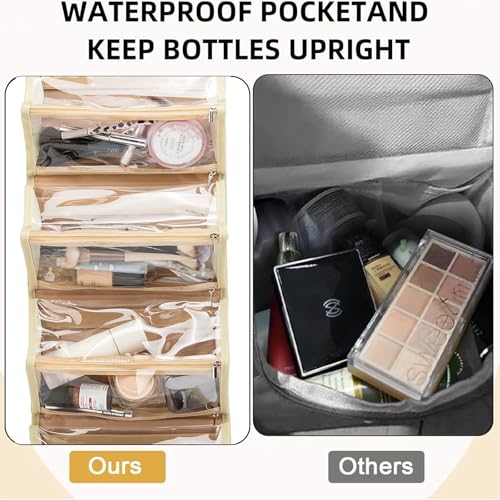 ROYALFAIR Roll Up Makeup Bag, Travel Toiletry Bag for Women with 4 Clear TSA Approved Pouches, Hanging Travel Organizer, Folding Cosmetic Bag for Men and Women (khaki) - color: khaki