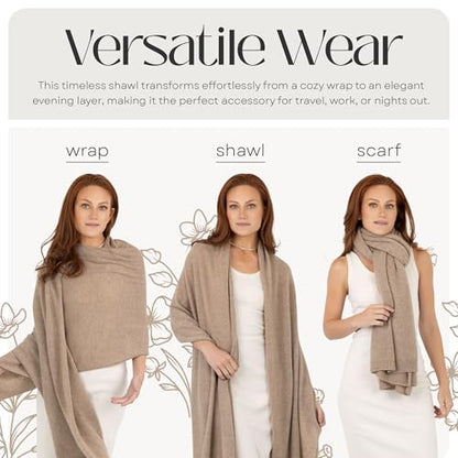 Velanio Cashmere 100% Cashmere Knitted Wrap Pashmina Shawl Extra Large Scarf Stole for Women Travel - color: Mink