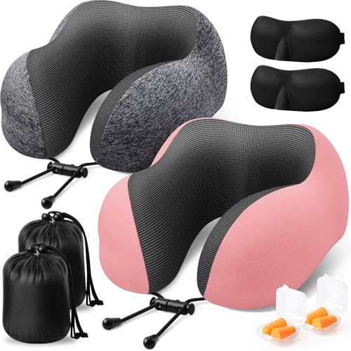 ExploreBliss Travel Pillow, 2 Pack Travel Pillows for Sleeping Airplane, Neck Pillow Airplane, Memory Foam Neck Pillow Set with Eye Mask, Earplugs and Storage Bag -Grey & Pink - color: Grey & Pink