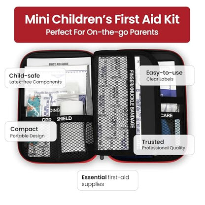 Small, First Aid and CPR Kit for children, toddler, and kids. Large Variety of Bandages to fit your childs injuries. Perfect travel first aid kit, Diaper Bag, Backpack, Car, and More. Quick and Effect - size: Small