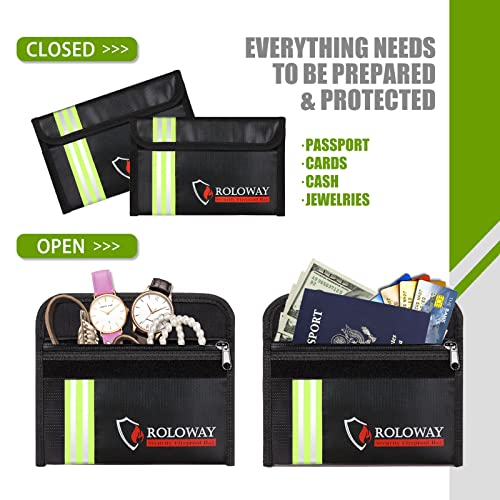 ROLOWAY Small Fireproof Bag (5 x 8 inches) with Reflective Strip, Fireproof Money Bag for Cash, Valuables, Passport, Currency & Keys (2-Pack Black) - size: 8 x 5 inch, style: Black With Reflective Strip
