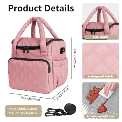 Women's Insulated Lunch Tote Bag - Inch Quilted Lunch Box for Women, Large Waterproof Cooler Bag with Pockets for Work, Picnic, Adult (deep pink) - color: deep pink