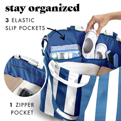 Fit & Fresh XL Beach Tote Bag for Women – XL Travel Tote with Zipper & Pockets, Oversized Canvas Pool Bag, Weekender Carry-On - color: Cobalt Stripe