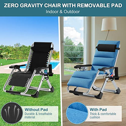 NAIZEA Padded Zero Gravity Chair, Folding Outdoor Lounge Chairs, Adjustable Reclining Camping Chairs with Cup Holder, Ergonomic Patio Lawn Chair for Balcony Beach Deck Yard - color: Linen Blue, style: Zero Gravity Chair