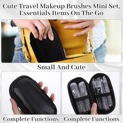 10 Pcs Mini Travel Makeup Brushes Set with Pouch, Short Handle Makeup Brushes for Women Girls Portable Full Complete Function Cosmetic Kit Brush Blush Powder Eye Shadow Black - color: Black