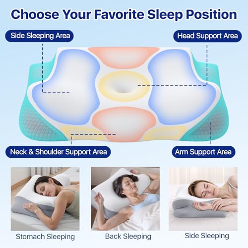 Memory Foam Neck Pillow - Ergonomic Contour Cervical Neck Pillow for Side Back Stomach Sleepers, 2-in-1 Orthopedic Neck Support Pillow with Cooling Pillowcase