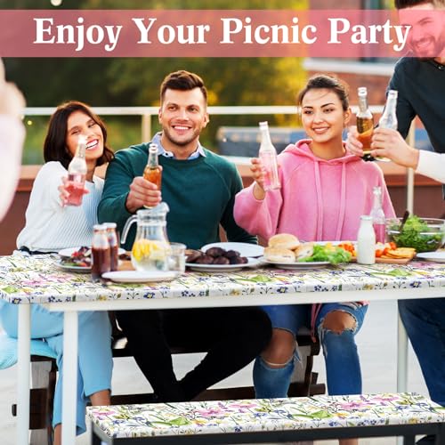Boao 3 Pcs Vinyl Picnic Table Cover with Bench Cover 6 ft 30 x 72 Inch Waterproof Fitted Tablecloth Flannel Backing Rectangular Elastic Edged for Camping Outdoor Patio Travel(Wildflower) - color: Wildflower
