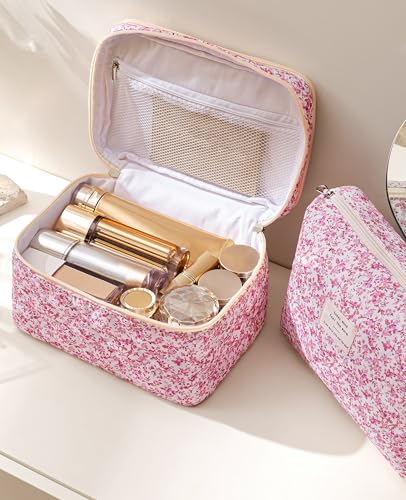 HBselect 2Pcs Travel Makeup Bag, Large Cotton Quilted Makeup Bag Cosmetic Bag Cute Make up Bag Toiletry Bags for Women Girls - color: 2PCS-FLOWER5