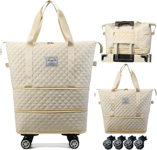 DOJUNS Rolling Duffle Bag with Wheels,Expandable Foldable Duffle Bag,Detachable Rolling Wheels,Rolling Luggage Bag Carry on Duffel Bag,Wheeled Travel Duffle Bag,Gift for Wife and Parents - color: White