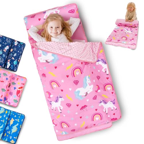 Primlect Toddler Nap Mat with Removable Pillow and Fleece Blanket, Extra Large 55''x35'' Sleeping Bag, Washable, Light, Easy to Roll up, Perfect for Daycare, Preschool, Kindergarten, Travel - color: Pink Unicorn