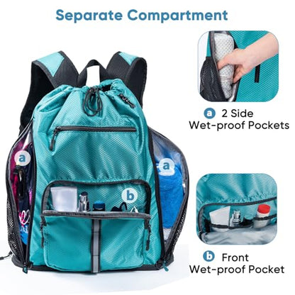 Large Beach Backpack Waterproof Sandproof - Customized Oversized Drawstring Pool Bag with Shoe Compartment for Toiletries, Towels, Gym, Travel - color: Teal