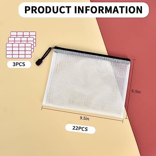 Vuzvuv A5-22 PCS 9.49"x 7.09"Mesh Zipper Pouch Set，Resistant Document File Folders Plastic Mesh Bag with Label Sticker for File, Document, Makeup, Board Game School Office Home Travel Storage - color: Black White-a5