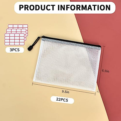 Vuzvuv A5-22 PCS 9.49"x 7.09"Mesh Zipper Pouch Set，Resistant Document File Folders Plastic Mesh Bag with Label Sticker for File, Document, Makeup, Board Game School Office Home Travel Storage - color: Black White-a5