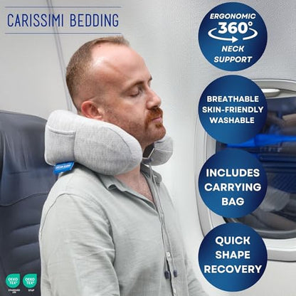 Travel Neck Pillow with Bag – Compact Memory Foam Neck Pillow for Airplane, Car and Office – Ergonomic Design for Travel Comfort and Shoulder & Neck Support