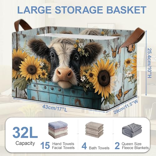 Wooden Highland Cow Storage Baskets,Butterfly Sunflower Foldable Large Capacity Organizer Bins with Waterproof Lining and Leather Handles for Closet,Shelf,Bedroom 17x11.5x10Inch - color: Wooden Highland Cow Butterfly Sunflower