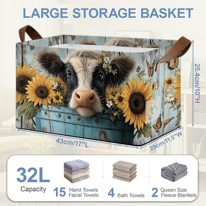 Wooden Highland Cow Storage Baskets,Butterfly Sunflower Foldable Large Capacity Organizer Bins with Waterproof Lining and Leather Handles for Closet,Shelf,Bedroom 17x11.5x10Inch - color: Wooden Highland Cow Butterfly Sunflower