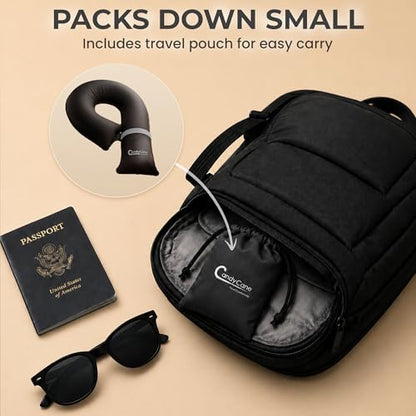 CANDY CANE Inflatable Neck Pillow for Airplane Travel with J-Shaped Design and 360° Support - Head, Neck & Chin Rest for Any Seat, Including Window Leaning - Compact Blow-Up Travel Pillow - color: Black