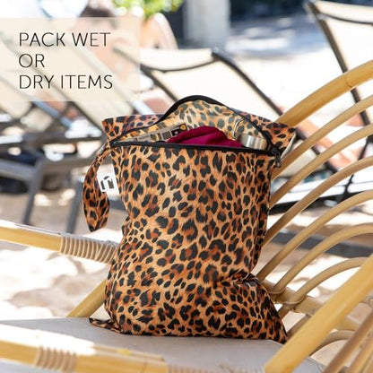 Bumkins Roamio Waterproof Wet Bag & Wet/Dry Clutch Set – Reusable Travel Organizers for Swim, Beach, Gym, Baby Gear, Cloth Diapers, Pump Parts, Pool, Toiletries – Machine Washable, Leopard 2-Pack - color: R-Leopard Print, 2pc