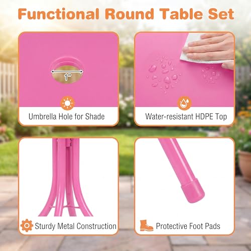 HONEY JOY Kids Picnic Table, Animal Themed Toddler Outdoor Table and Chair Set, 2 Folding Chairs & Removable Umbrella, Children Outdoor Furniture for Backyard Patio Garden (Pink Bee) - color: Pink Bee