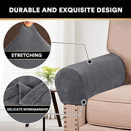 PrinceDeco 2 Pack Thick Velvet Stretch Armrest Covers for Chairs and Sofas - Non Slip, Grey - color: Grey