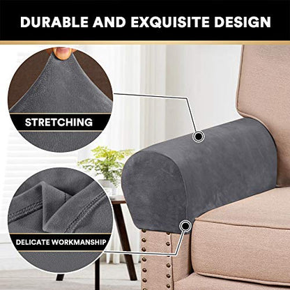 PrinceDeco 2 Pack Thick Velvet Stretch Armrest Covers for Chairs and Sofas - Non Slip, Grey - color: Grey