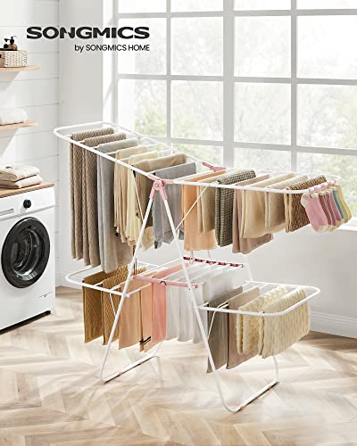 SONGMICS Clothes Drying Rack, Foldable 2-Level Laundry Drying Rack, Free-Standing Laundry Airer, with Height-Adjustable Wings, 33 Drying Rails, Sock Clips, White and Pink ULLR053P01V1 - color: White + Pink, size: 2 Tiers（22"d x 61.8"w x 64.3''h )