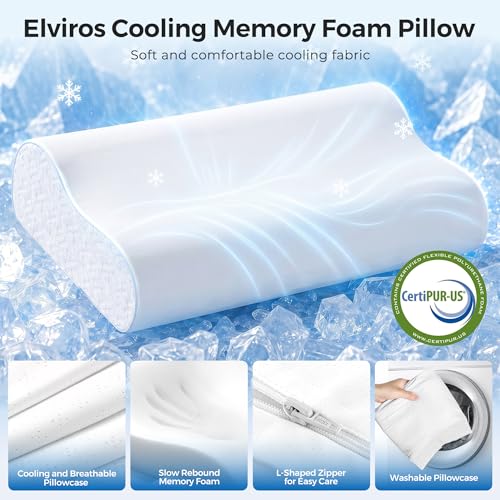 Elviros Cooling Memory Foam Pillow with Breathable Cover, Adjustable Height Bed Pillow for Neck Support, Ergonomic Cervica Neck Pillow for Side Stomach and Back Sleeper, Queen Size, 23.6"×14"×5.3" - color: White