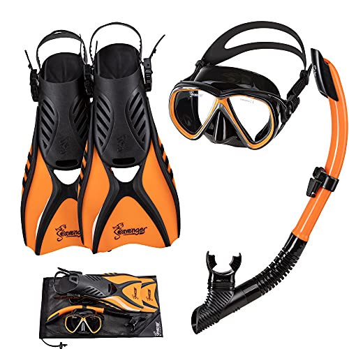 Seavenger Hanalei Anti-Fog 4-Piece Snorkeling Set with Soft-Flex Dry Snorkel, Adjustable Open-Heel Fins, Twin-Lens Mask, and Mesh Bag - color: Orange Peel, size: Small
