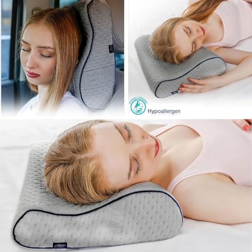 alkamto Travel & Camping Comfortable Memory Foam Pillow – Easy to Carry Portable Bag – Temperature Regulating Pillow Case (Grey Contour) - size: Grey Contour Travel