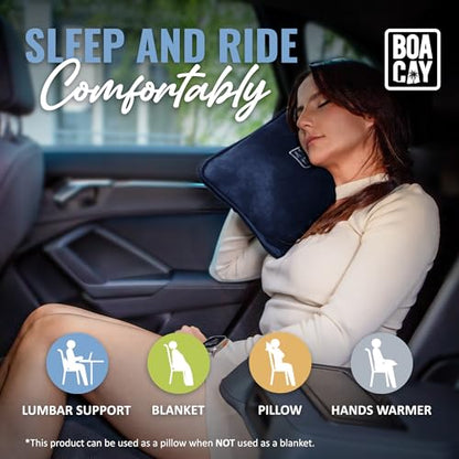BOACAY Soft & Warm Travel Blanket for Airplane & Car - Long Flight Essential for Women, Men, Kids - Compact Pillow with Luggage Sleeve & Backpack Clip - color: Navy Blue
