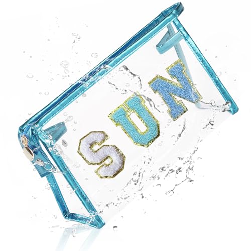 COSHAYSOO Sunscreen Bag Clear Makeup Toiletry Pouch Beach Vacation Essentials for Women Teen Girls Trip Gifts Summer Pool Travel Must Have Accessories Waterproof Stuff - color: Blue-SUN
