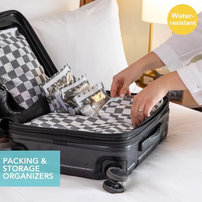 Bumkins Packing Cubes and TSA Approved Pouches for Travel Bag, Organize Luggage with Compression Bag, Essential Traveling Accessories to Pack Clothes, Toiletries Carry On Suitcase, 5-pc Gray Check - color: A2 Charcoal Check-set