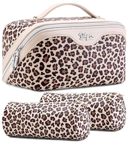 BOYATU Travel Makeup Bag Organizer: 3 Pcs Set Leopard Make up Bag for Women | Vegan Leather Cosmetic Bags with Compartments - Waterproof Toiletry Bag - 180° Open-Flat Make up Case for 3-15 Day Trips - color: 02-Beige