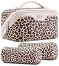 BOYATU Travel Makeup Bag Organizer: 3 Pcs Set Leopard Make up Bag for Women | Vegan Leather Cosmetic Bags with Compartments - Waterproof Toiletry Bag - 180° Open-Flat Make up Case for 3-15 Day Trips - color: 02-Beige
